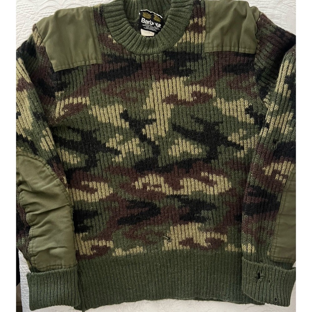 VTG Barbour Commando Sweater Mens 46 Green Camo Wool Military Made in England